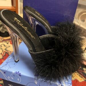 Black Feather Slide Heels with Clear Stiletto